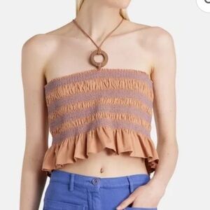 Sessun Navi Smocked Crop Halter Tank in Chamotte